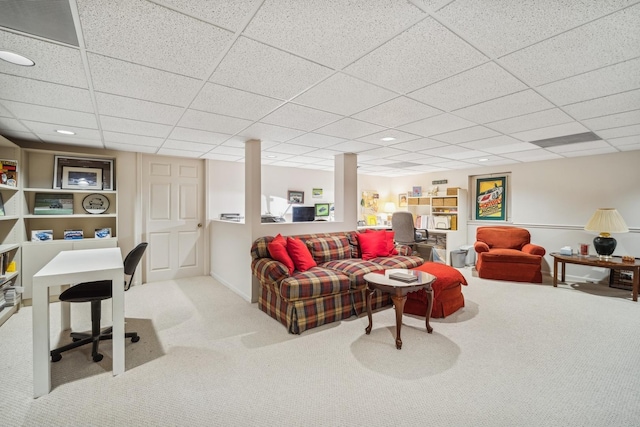 carpeted living room featuring built in features