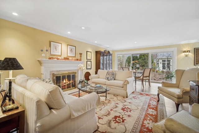 living room featuring crown molding