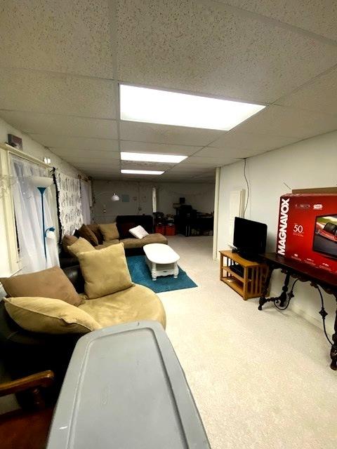 carpeted living room with a paneled ceiling