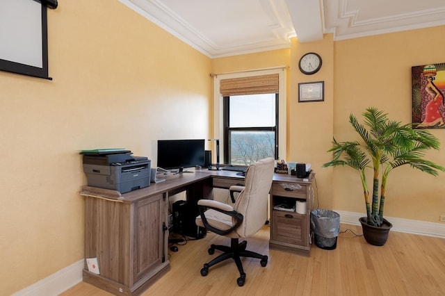 office space with crown molding and light wood-type flooring