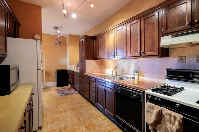 kitchen featuring dark brown cabinets, sink, tasteful backsplash, black dishwasher, and range with gas stovetop