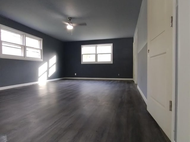 empty room featuring ceiling fan and dark wood-type flooring