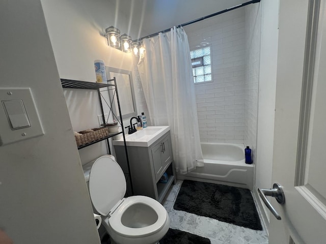 full bathroom featuring vanity, toilet, and shower / tub combo with curtain