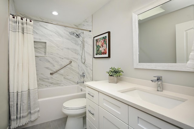 full bathroom featuring shower / bath combination with curtain, vanity, toilet, and tile patterned flooring