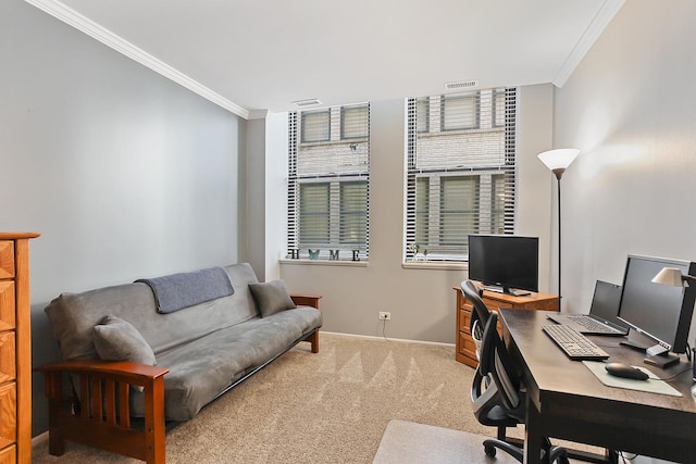 carpeted home office featuring crown molding