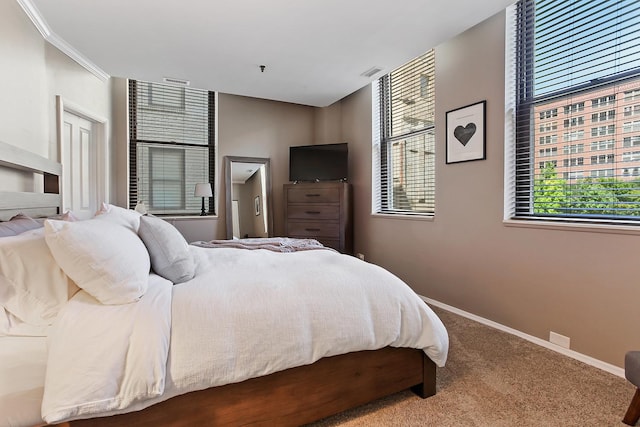 bedroom with carpet floors and ornamental molding