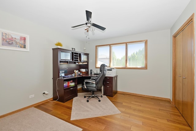 office featuring ceiling fan and light hardwood / wood-style floors