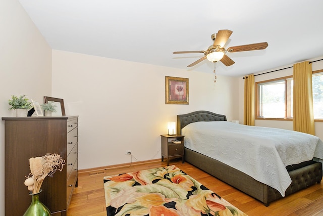 bedroom with ceiling fan and light hardwood / wood-style floors