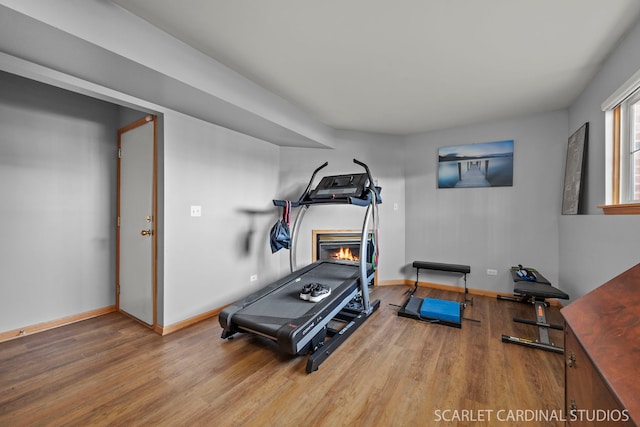 workout area with wood-type flooring