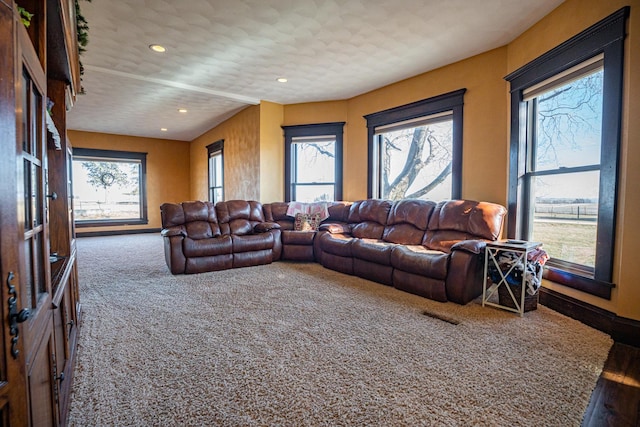 living room featuring carpet floors and a textured ceiling