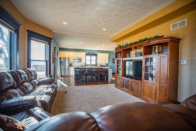 living room featuring dark wood-type flooring