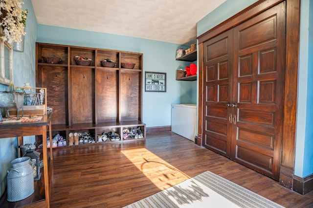 mudroom featuring vaulted ceiling and dark hardwood / wood-style floors