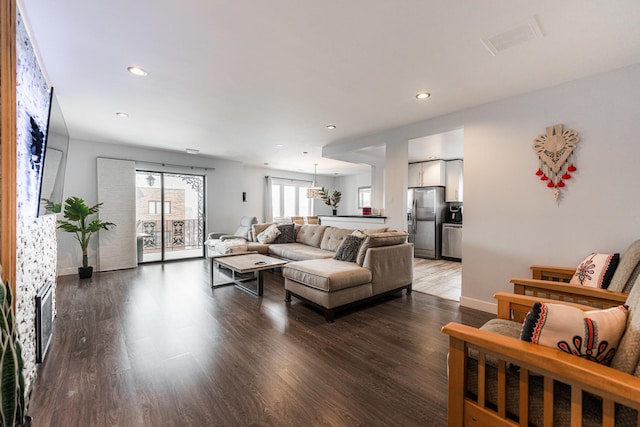 living room featuring dark wood-type flooring