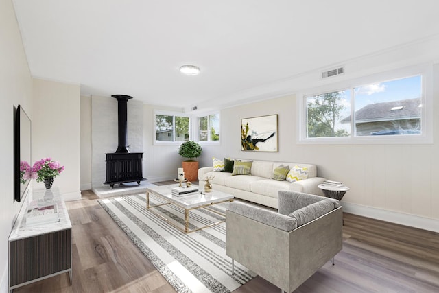 living room featuring hardwood / wood-style flooring, a wood stove, and plenty of natural light