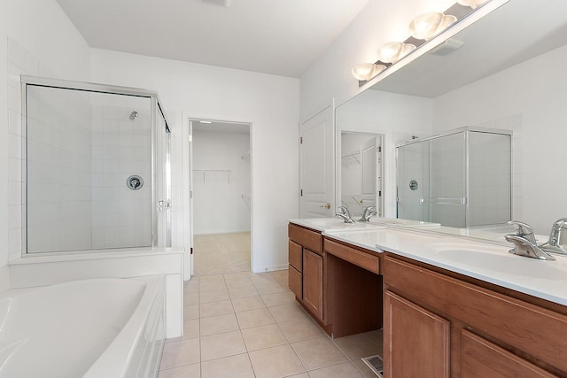 bathroom with vanity, tile patterned flooring, and independent shower and bath