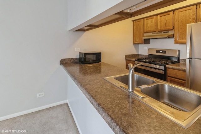 kitchen with light carpet, sink, and appliances with stainless steel finishes