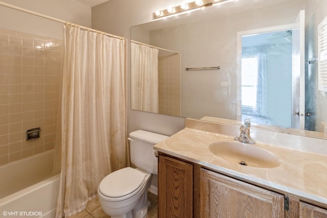 full bathroom featuring toilet, shower / tub combo, vanity, and tile patterned floors