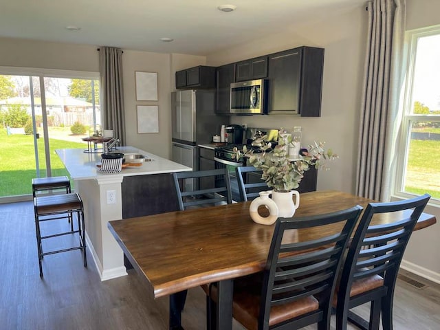 dining space featuring hardwood / wood-style flooring and sink