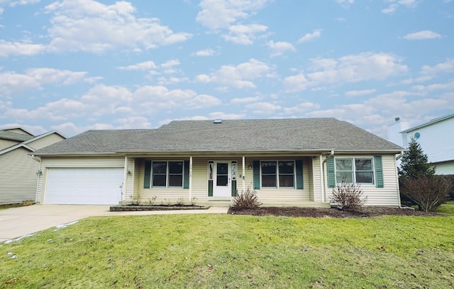 single story home featuring covered porch, a garage, and a front lawn