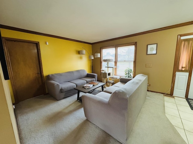 carpeted living room with crown molding