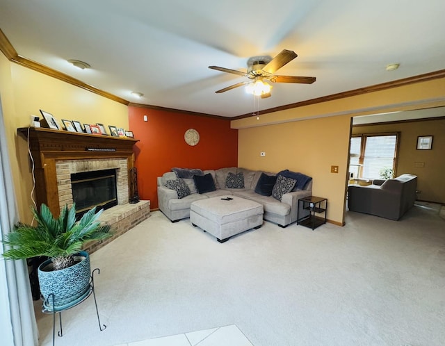 living room with light carpet, a fireplace, ceiling fan, and ornamental molding