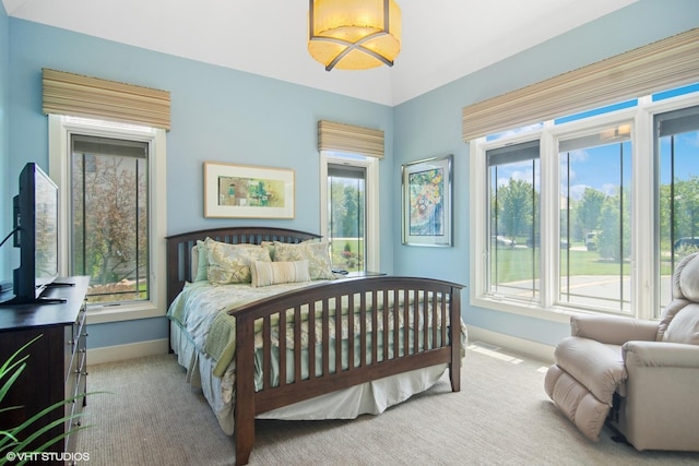 bedroom featuring light carpet and multiple windows