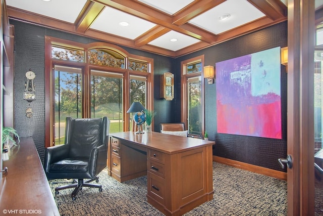 office space with beam ceiling and coffered ceiling