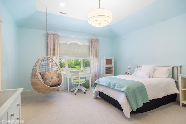 bedroom featuring carpet and lofted ceiling