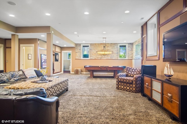 living room with carpet floors and pool table