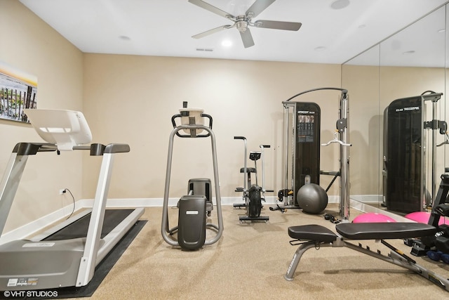 workout area featuring ceiling fan