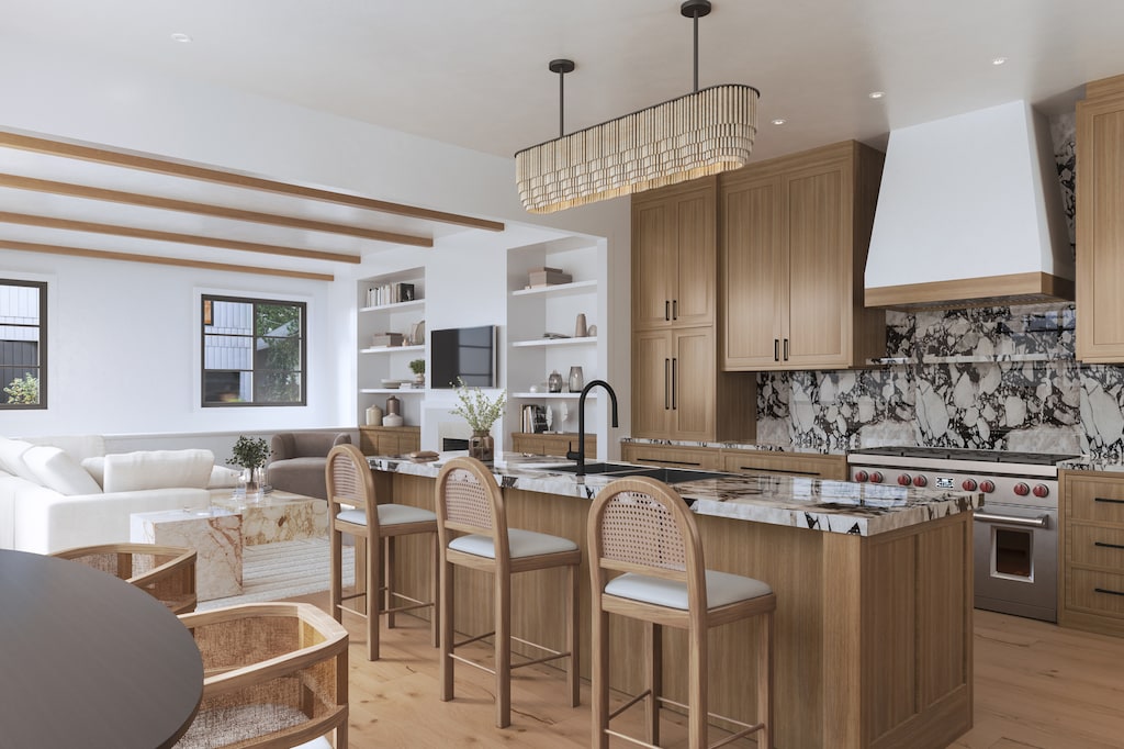 kitchen with decorative backsplash, stainless steel stove, a center island with sink, and custom exhaust hood