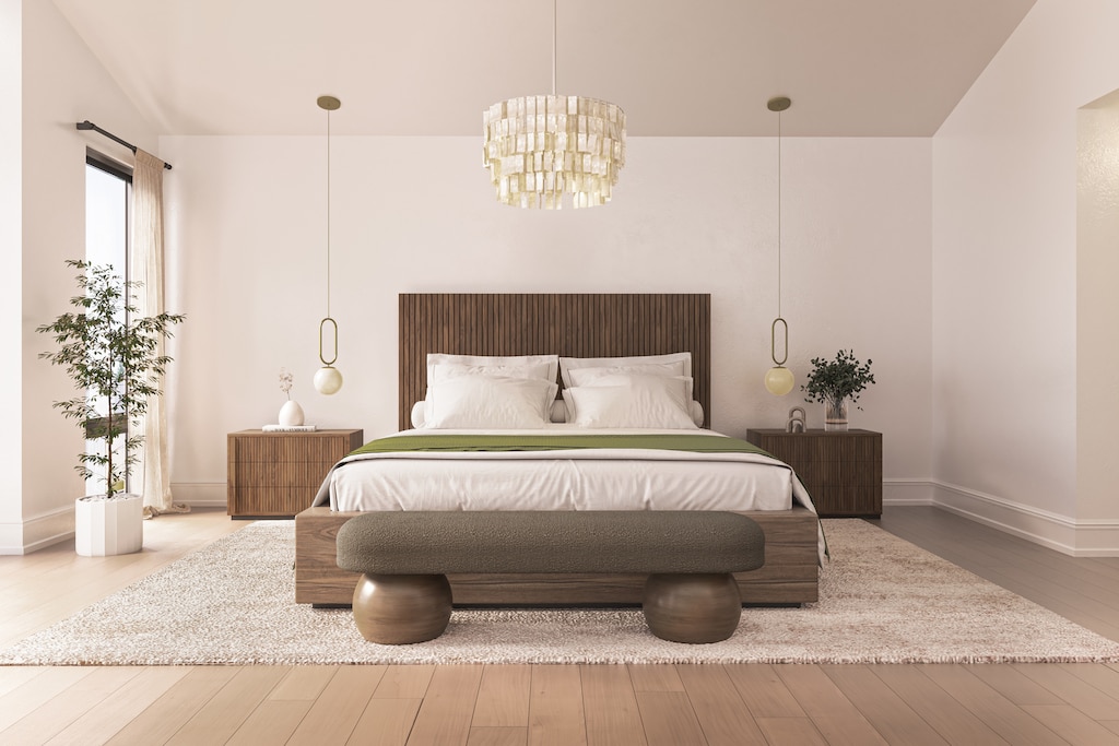 bedroom featuring a chandelier and wood-type flooring