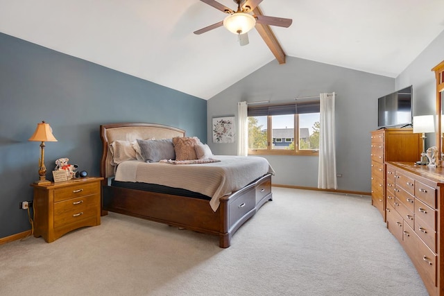 bedroom featuring vaulted ceiling with beams, light colored carpet, and ceiling fan