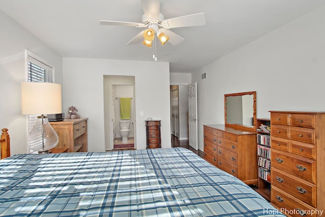 bedroom featuring ensuite bath and ceiling fan