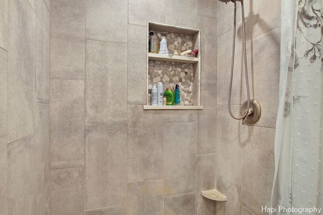 interior details with a shower with curtain