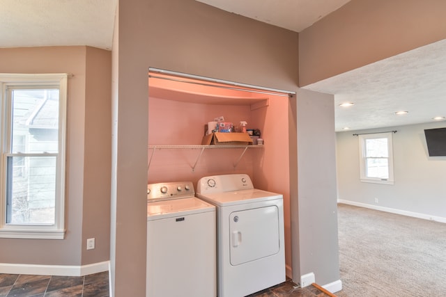 washroom featuring recessed lighting, dark colored carpet, washer and dryer, laundry area, and baseboards