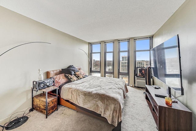 carpeted bedroom with floor to ceiling windows and a textured ceiling