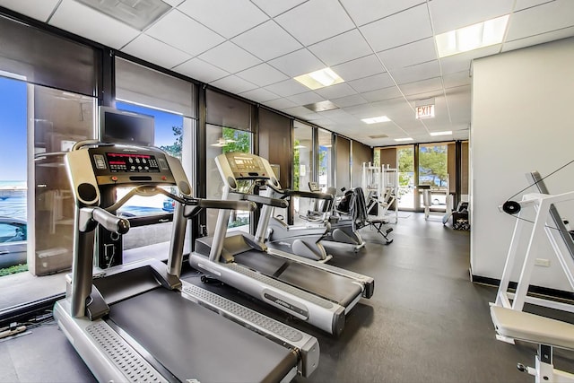 exercise room featuring a drop ceiling and a wall of windows