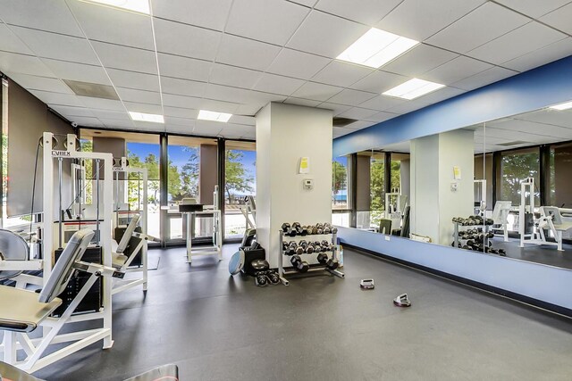 gym featuring a healthy amount of sunlight and a paneled ceiling