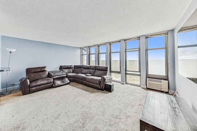 living room with a water view, expansive windows, carpet, and a textured ceiling