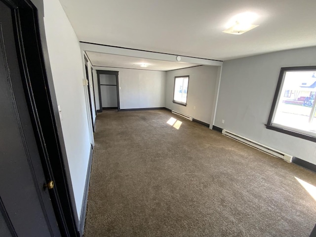 unfurnished room featuring dark carpet and baseboard heating