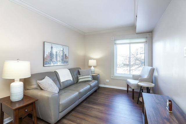 living room featuring dark wood-type flooring and ornamental molding