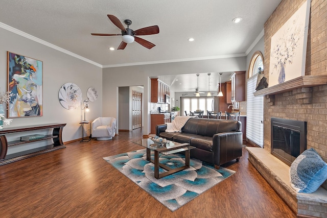 living room featuring ceiling fan, dark hardwood / wood-style flooring, crown molding, and a fireplace