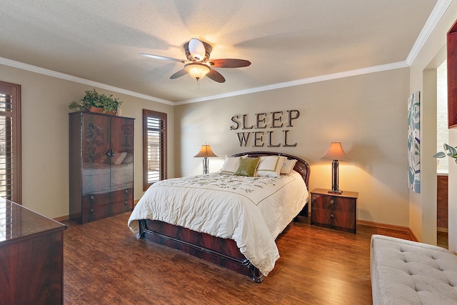 bedroom with ceiling fan, a textured ceiling, dark hardwood / wood-style floors, and ornamental molding