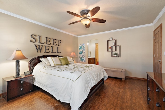 bedroom featuring ceiling fan, ensuite bath, hardwood / wood-style flooring, and crown molding