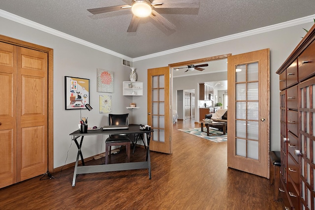 home office featuring ceiling fan, dark wood-type flooring, french doors, a textured ceiling, and ornamental molding