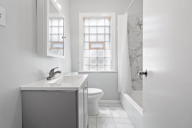 full bathroom with vanity, toilet, a wealth of natural light, and shower / tub combo with curtain