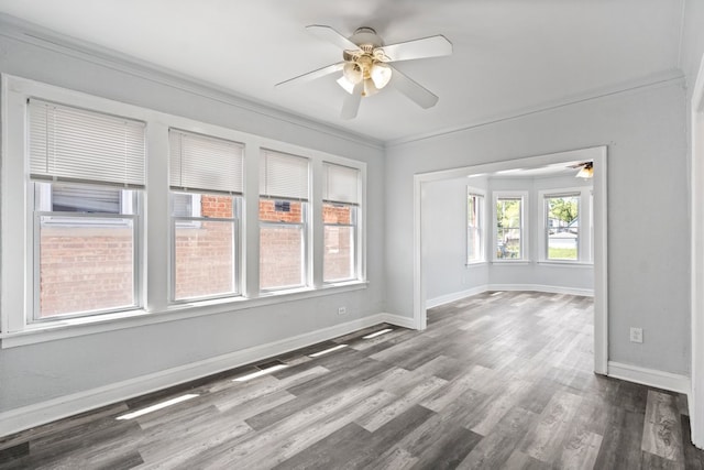 empty room with hardwood / wood-style flooring, ceiling fan, and crown molding