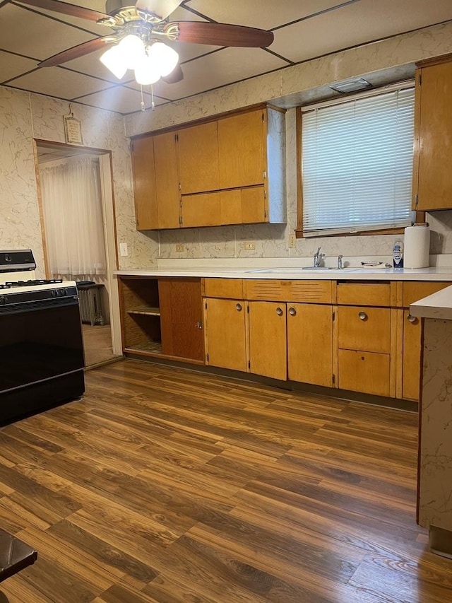 kitchen featuring black gas stove, dark hardwood / wood-style floors, ceiling fan, and sink