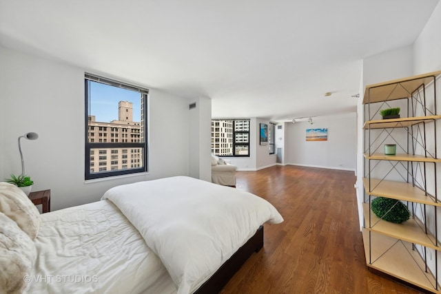 bedroom featuring dark hardwood / wood-style flooring and multiple windows